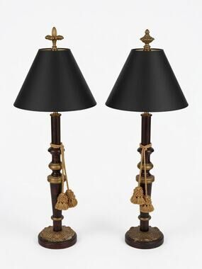 Vintage Frederick Cooper French Provincial Table Lamps Pair Black Shade Tassel